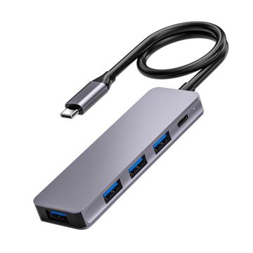 Adaptor Hub Multifunctional 5 In 1 Techstar® ZFZ5IN1C, USB-C, 4 X USB 3.0, PD Port, Compatibil PC, Memorie USB, HDD Extern, Argintiu