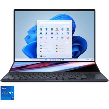Laptop ASUS Zenbook Pro 14 Duo UX8402ZE cu procesor Intel® Core™ i7-12700H pana la 4.70 GHz, 14.5, 2.8K OLED, Touch, 16GB, 1TB SSD, NVIDIA® GeForce® RTX™ 3050 Ti 4 GB, Windows 11 Pro, Tech Black