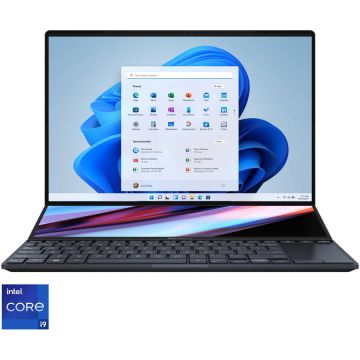 Laptop ASUS Zenbook Pro 14 Duo UX8402ZE cu procesor Intel® Core™ i9-12900H  pana la 5.00 GHz, 14.5, 2.8K OLED, Touch, 32GB, 2TB SSD, NVIDIA® GeForce® RTX™ 3050 Ti 4 GB, Windows 11 Pro, Tech Black