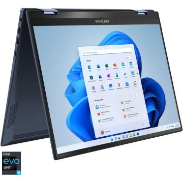 Laptop 2 in 1 ASUS Zenbook S 13 Flip OLED UP5302ZA cu procesor Intel® Core™ i5-1240P pana la 4.40 GHz, 13.3, 2.8K, OLED, Touch, 16GB, 512GB SSD, Intel® Iris Xe Graphics, Windows 11 Home, Ponder Blue