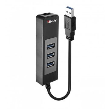 Hub USB LINDY 3 porturi, USB 3.0 + Gigabit Ethernet, Negru
