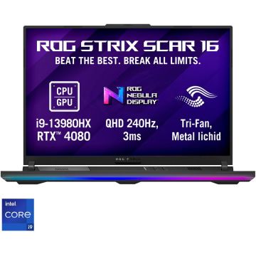 Laptop Gaming ASUS ROG Strix SCAR 16 G634JZ cu procesor Intel® Core™ i9-13980HX pana la 5.60 GHz, 16, QHD+, 240Hz, 32GB, 1TB SSD, NVIDIA® GeForce RTX™ 4080 12GB GDDR6, No OS, Off Black