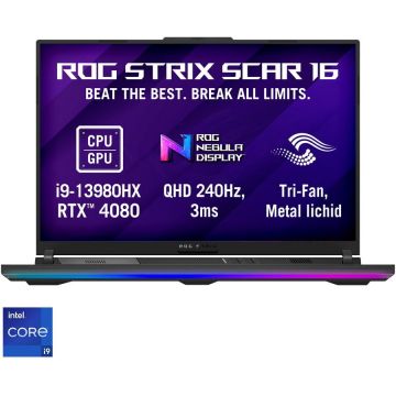 Laptop Gaming ASUS ROG Strix SCAR 16 G634JZ cu procesor Intel® Core™ i9-13980HX pana la 5.60 GHz, 16, QHD+, IPS, 240Hz, 32GB, 2 x 1TB SSD, NVIDIA® GeForce RTX™ 4080 12GB GDDR6, Windows 11 Home, Off Black