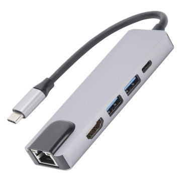 Adaptor Hub multifunctional 5 in 1 Techstar® DJ5IN1, HDMI 4K, USB-C, 1 x USB 3.0, 1 x USB 2.0, LAN RJ45 Ethernet, Aliaj de Aluminiu, Argintiu
