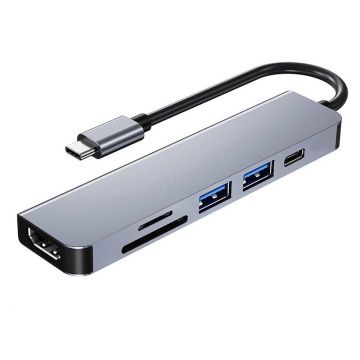 Adaptor Hub multifunctional 6 in 1 Techstar® DJ6IN1, HDMI 4K, USB-C, 1 x USB 3.0, 1 x USB 2.0, Cititor de carduri SD/TF, Aliaj de Aluminiu, Argintiu