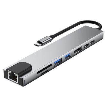 Adaptor Hub multifunctional 8 in 1 Techstar® SF8IN1, HDMI 4K, USB-C, PD Port, 1 x USB 3.0, 1 x USB 2.0, LAN RJ45 Ethernet, Cititor de carduri SD/TF, Aliaj de Aluminiu, Argintiu