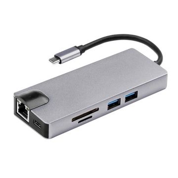 Adaptor Hub Multifunctional 8 In 1 Techstar® SFB8IN1, HDMI 4K, VGA 1080P, USB-C, 2 X USB 3.0, LAN RJ45 Ethernet 100Mbps, Cititor de carduri SD/TF, PD Port, Argintiu