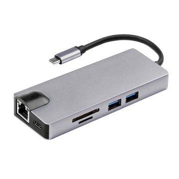 Adaptor Hub Multifunctional 8 In 1 Techstar® SFB8IN1, HDMI 4K, VGA 1080P, USB-C, 2 X USB 3.0, LAN RJ45 Ethernet 100Mbps, Cititor de carduri SD/TF, PD Port, Argintiu Adaptor Hub Multifunctional 8 In 1 Techstar® SFB8IN1, HDMI 4K, VGA 1080P, USB-C, 2 X USB 3.0, LAN RJ45 Ethernet 100Mbps, Cititor de carduri SD/TF, PD Port, Argintiu
