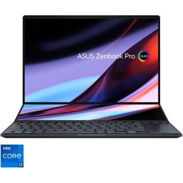 Laptop ASUS Zenbook Pro 14 Duo OLED cu procesor Intel® Core™ i7-12700H pana la 4.70 GHz, 14.5, Touch, 2.8K, OLED, 16GB, 1TB M.2 NVMe™ PCIe® 4.0 SSD, Intel Iris Xᵉ Graphics, Windows 11 Pro