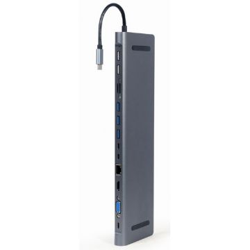 GEMBIRD Docking station Gembird, USB Type-C 9-in-1 multi-port adaptor(USB hub + HDMI + VGA + PD + card reader + LAN + 3.5 mm audio), space grey