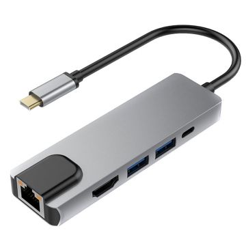 Adaptor Hub Multifunctional 5 In 1 Techstar® SFQ5IN1, HDMI 4K, USB-C, 1 X USB 3.0, 1 X USB 2.0, LAN RJ45 Ethernet, Aliaj De Aluminiu, Argintiu