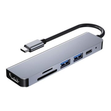 Adaptor Hub Multifunctional 6 In 1 Techstar® ZFZ6IN1A, HDMI 4K, USB-C, 1 X USB 3.0, 1 X USB 2.0, Cititor De Carduri SD/TF, PD Port, Aliaj De Aluminiu, Argintiu