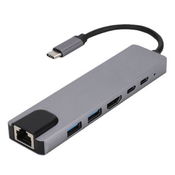 Adaptor Hub Multifunctional 6 In 1 Techstar® ZFZ6IN1B, HDMI 4K, USB-C, 1 X USB 3.0, 1 X USB 2.0, LAN RJ45 Ethernet, Cititor de carduri SD/TF, PD Port, Argintiu
