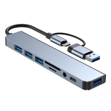 Adaptor Hub Multifunctional 8 In 2 Techstar® CYC8IN2, USB-C, 2 X USB 3.0, 3 X USB 2.0, AUX 3.5 mm, Cititor De Carduri SD/TF, Argintiu