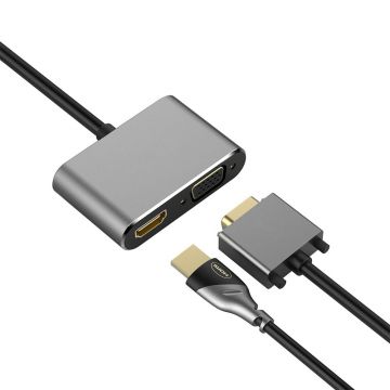 Adaptor multifunctional 2 in 1 USB-C la HDMI Techstar® DJ2IN1, HDMI 4K, VGA 1080P, 1 x USB 3.0, PD Port, Argintiu
