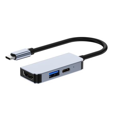 Adaptor multifunctional 3 in 1 USB-C la HDMI Techstar® CYC3IN1, HDMI 4K, 1 x USB 3.0, Compatibil MacBook Air si MacBook Pro, PD Port, Gri