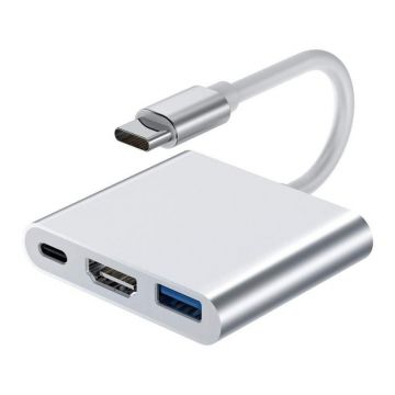 Adaptor multifunctional 3 in 1 USB-C la HDMI Techstar® DJ3IN1, HDMI 4K, 1 x USB 3.0, 1 x USB C, PD Port, Argintiu