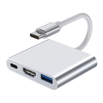 Adaptor multifunctional 3 in 1 USB-C la HDMI Techstar® DJ3IN1, HDMI 4K, 1 x USB 3.0, 1 x USB C, PD Port, Argintiu