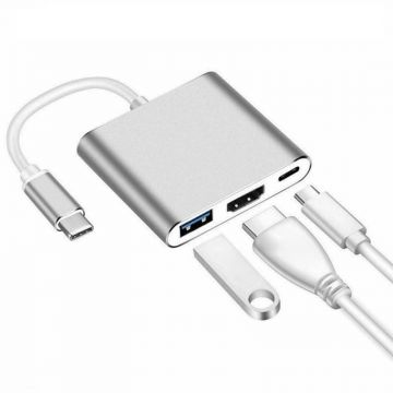 Adaptor multifunctional 3 in 1 USB-C la HDMI Techstar® ZFZ3IN1, HDMI 4K, 1 x USB 3.0, PD Port, Compatibil HD TV, Monitor, Videoproiector, Argintiu