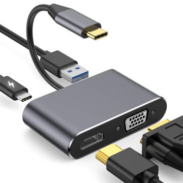 Adaptor multifunctional 4 in 1 USB-C la HDMI Techstar® DJ4IN1, HDMI 4K, VGA 1080P, 1 x USB 3.0, PD Port, Argintiu