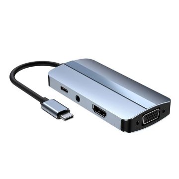 Adaptor multifunctional 7 in 1 USB-C la HDMI Techstar® CYC7IN1A, HDMI 4K, VGA 1080P, 1 x USB 3.0, 1 X USB 2.0, USB-C, AUX 3.5 mm, PD Port, Gri