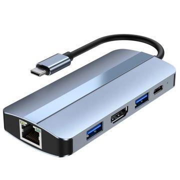 Adaptor multifunctional 7 in 1 USB-C la HDMI Techstar® CYC7IN1B, HDMI 4K, LAN RJ45 Ethernet, 1 x USB 3.0, 1 x USB 2.0, Cititor De Carduri SD/TF, PD Port, Gri