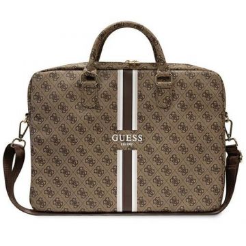 Geanta laptop, Guess, Piele ecologica/Nylon, 16 inch, Maro/Alb