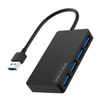 Hub USB cu 4 porturi Techstar® HUBA0401, 1 x USB 3.0, 3 x USB 2.0, Transfer date de mare viteza 5Gbps, Negru