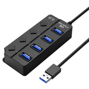 Hub USB cu 4 porturi Techstar® HUBA0702, 4 x USB 3.0, Transfer date 5Gbps, indicator LED pentru putere, comutator independent, Negru