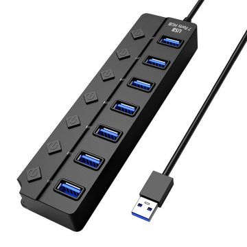 Hub USB cu 7 porturi Techstar® HUBA2401, 7 x USB 2.0, indicator LED pentru putere, comutator independent, Negru