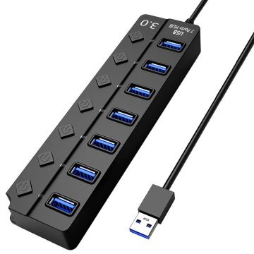 Hub USB cu 7 porturi Techstar® HUBA2402, 1 x USB 3.0, 6 x USB 2.0, indicator LED pentru putere, comutator independent, Negru