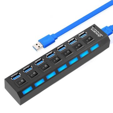 Hub USB Cu 7 Porturi Techstar® HUBA55, 1 X USB 3.0, 6 X USB 2.0, Indicator LED Putere, Comutator Independent, PC, Laptop, Desktop, Negru