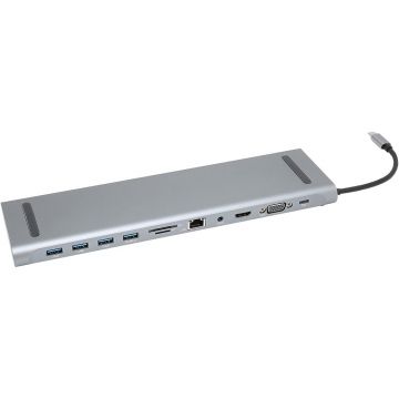 Statie de andocare pentru laptop 11 in 1 Techstar® CYC11IN1, 3 x USB 2.0. 1 x USB 3.0, LAN RJ45 Ethernet, Cititor De Carduri SD/TF, AUX Port 3.5 mm, HDMI, VGA, PD Port, Gri