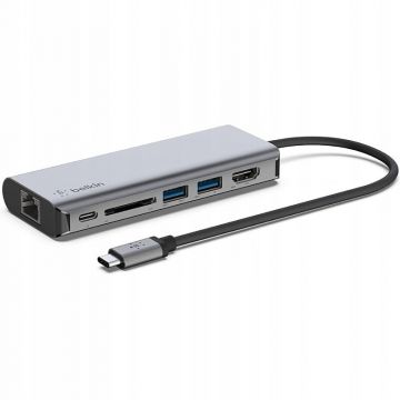 Belkin Statie hub USB-C 6 in 1 pentru laptop, Belkin, AVC008 uni, Gri
