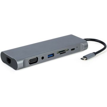 GEMBIRD Docking station Gembird 8-in-1, USB-C, USB-A 3.1 x 4, HDMI x 1, DP x 1, VGA x 1, RJ45 x 1, PD 60 W, SD, microSD, Audio, Argintiu, A-CM-COMBO8-01