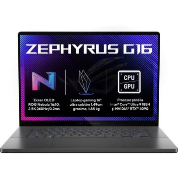 Asus Laptop Gaming Asus ROG Zephyrus G16 OLED, Intel Core Ultra 9-185H, 16 WQXGA, 32GB RAM, SSD 1TB, GeForce RTX 4080 12GB, Fara OS