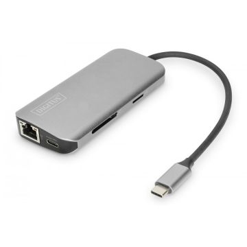 Digitus Dock USB-C cu 8 porturi, 2xUSB3.0, 1xRJ45, 2xHDMI, 1xPD, 1xMicro SD, 1xSD, gri