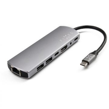 Fixed Multiport Hub USB-C 7 in 1, USB 3.0, Ethernet RJ45, HDMI 4K, Audio 3,5 mm, Aluminium, PD 100W