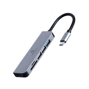 GEMBIRD Adaptorul multiport Gembird A-CM-COMBO6-02, USB de tip C 6-în-1, conec PC USB Type C, USB-C x 1, USB-A 2.0 x 3, HDMI x 1, SD card, Argintiu