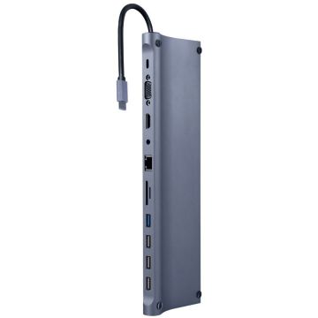 GEMBIRD Statie de andocare Gembird A-CM-COMBO11-01, 11-in-1, USB-C x 1, USB-A 3.1 x 1, USB-A 2.0 x 3,HDMI x 1, VGA x 1, RJ45 x 1, PD 87W, SD, microSD, Audio, Argintiu
