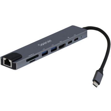 spacer Docking station universal 8 in 1, Spacer, conectare Type-C, USB 3.0 x 2|USB Type C x 1|PD 87W x 1|HDMI x 1 4K (30Hz)|RJ-45 (1000MHz/s)| SD Cardx1| TF (MicroSD)x1, aluminiu, gri