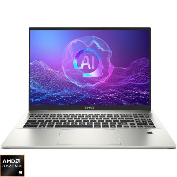 Laptop MSI 16'' Prestige A16 AI+ A3HMG, UHD+, Procesor AMD Ryzen™ AI 9 365 (24M Cache, up to 5.0 GHz), 32GB LPDDR5X, 1TB SSD, AMD Radeon 880M, Win 11 Home, Urban Silver