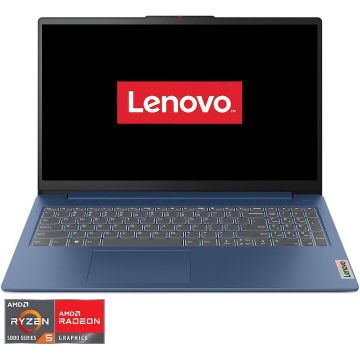 Lenovo Laptop Lenovo IdeaPad Slim 3 15ABR8, Procesor AMD Ryzen™ 5 5625U pana la 4.3GHz, Display 15.6'', Full HD, Memorie 8GB DDR4 RAM, SSD 512GB, AMD Radeon™ Graphics, Free DOS, Albastru,