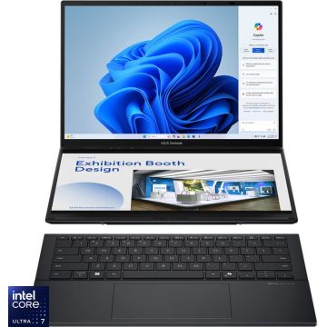 Asus Laptop ASUS Zenbook Duo, UX8406CA-QL118X, Procesor Intel® Core™ Ultra 7 255H, Processor 255H, Display 14 FHD 1920x1200 OLED, Memorie RAM 32 GB LPDDR5x, Capacitate 1 TB SSD M.2,  Placa video integrata Intel® Arc™, Windows 11 Pro, Gri inchis