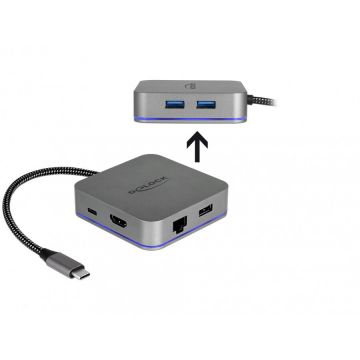 Delock Docking Station pentru dispozitive mobile USB-C la HDMI 4K/ Hub / LAN / PD 3.0 cu LED, Delock 87742