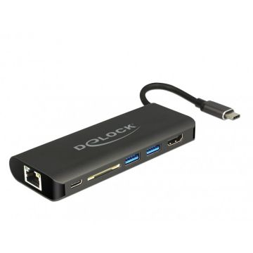 Delock Docking Station USB 3.1-C la HDMI 4K 30 Hz, Gigabit LAN si PD (power delivery), Delock 87721
