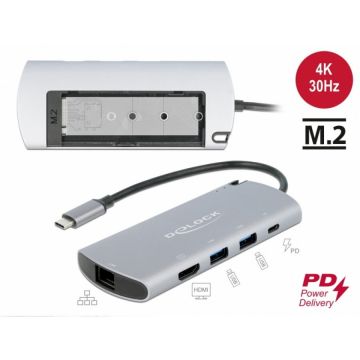 Delock Docking station USB-C la 4K HDMI / USB / LAN / PD 3.0 + M.2 SATA SSD, Delock 87767