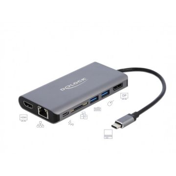 Delock Docking Station USB-C la HDMI 4K, Displayport, 2 x USB 3.0, SD slot, Gigabit LAN, PD 3.0, Delock 87683