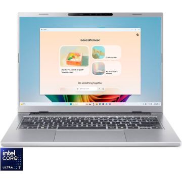 Acer Laptop Acer Aspire 14 AI OLED A14-53M-743R, Procesor Intel® Core™ Ultra 7 258V, Display 14 WUXGA, OLED, Memorie RAM 32GB LPDDR5x, Capacitate de stocare 1TB SSD, Placa grafica integrata Intel® Arc™ Graphics, No OS, Pure Silver