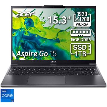 Acer Laptop Acer Aspire Go 15 AG15-51P-79QH, Procesor Intel® Core™ i7-1355U, Display 15.3'' WUXGA (1920x1200), IPS, Memorie RAM 16GB DDR5, Capacitate 1TB SSD, Placa video integrata Intel® UHD Graphics, No OS, Steel Gray